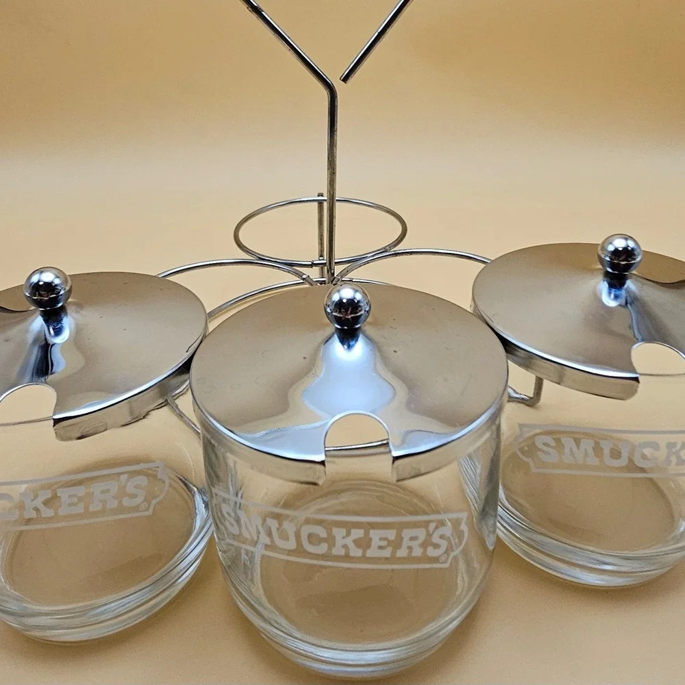 Vintage Smuckers‎ Glass Jam Jelly Condiment Jars Set of 3 with Metal Caddy